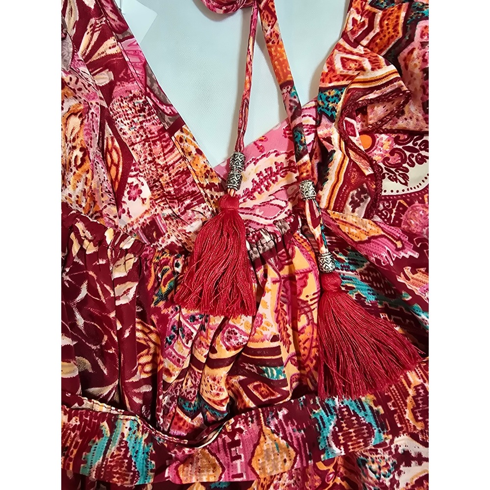 White Waves Boho Mixed Print Wide Leg Jumpsuit Open Back Tassel Burgundy S/M - Picture 14 of 15